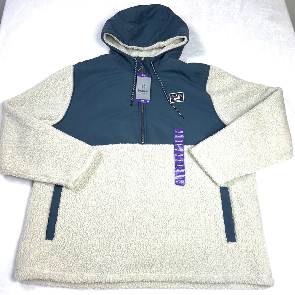 Hurley Pullover Hoodie Men XXL Bone Blue NWT Sherpa Fleece Colorblock Half Zip